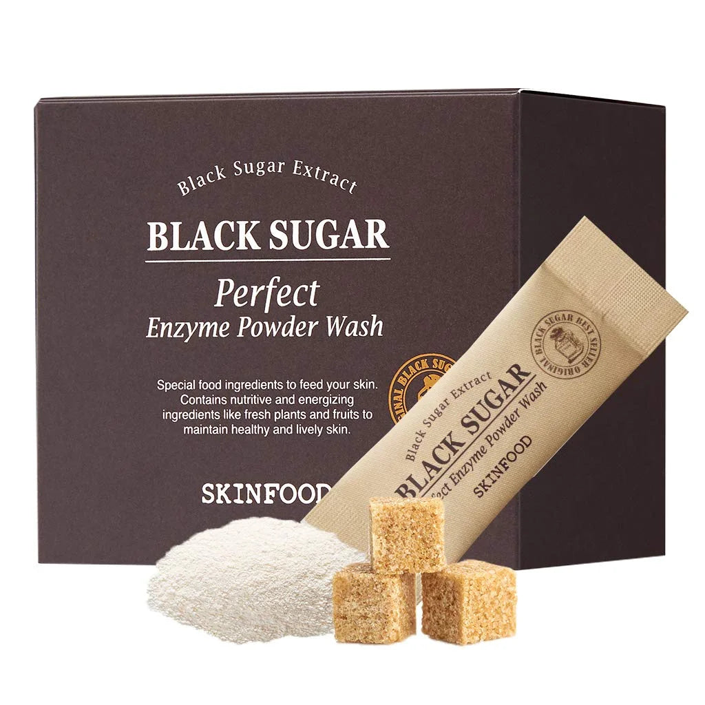 Skinfood Black Sugar Perfect Enzyme Powder Wash – pastrues pluhur enzimatik me sheqer të zi për lëkurë të butë nga Bassko.